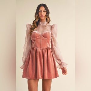 NWT Rose Organza Puff Sleeve Velvet Mini Dress With Open Back. Size small- large